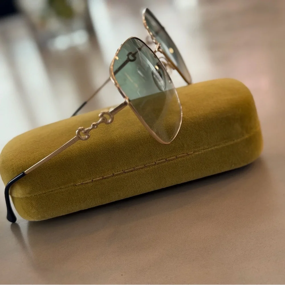 Gucci Gold Metal Frame with Green Gradient Lenses Square Sunglasses